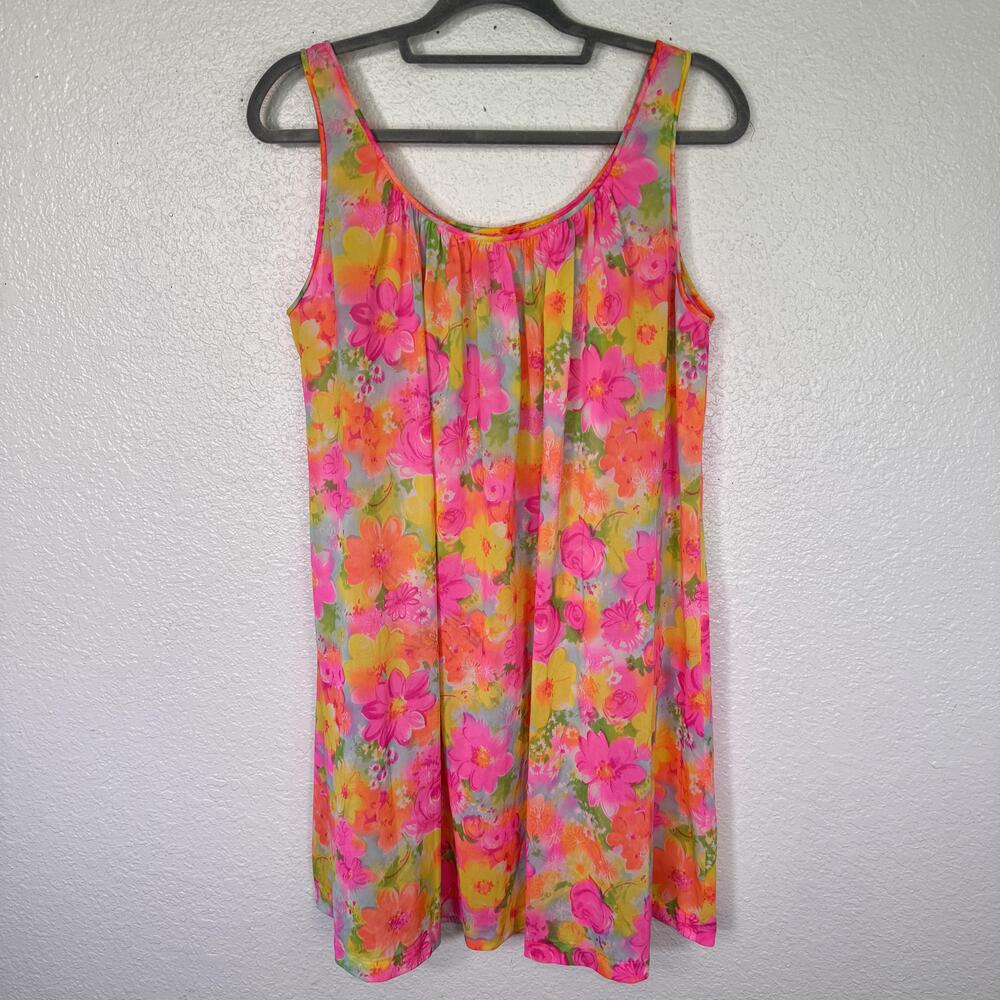 Vintage 70s Dress Womens Small Neon Floral Mini Lounge Trillium Union Made